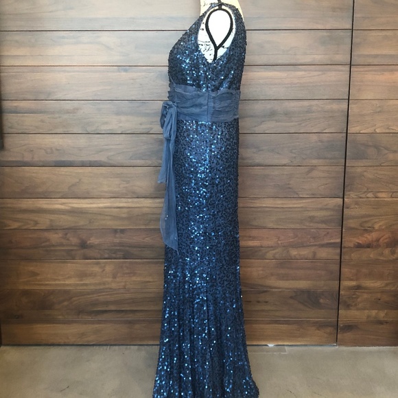 Sequin Floor length Blue V Neck Dress and V Back - Picture 2 of 3